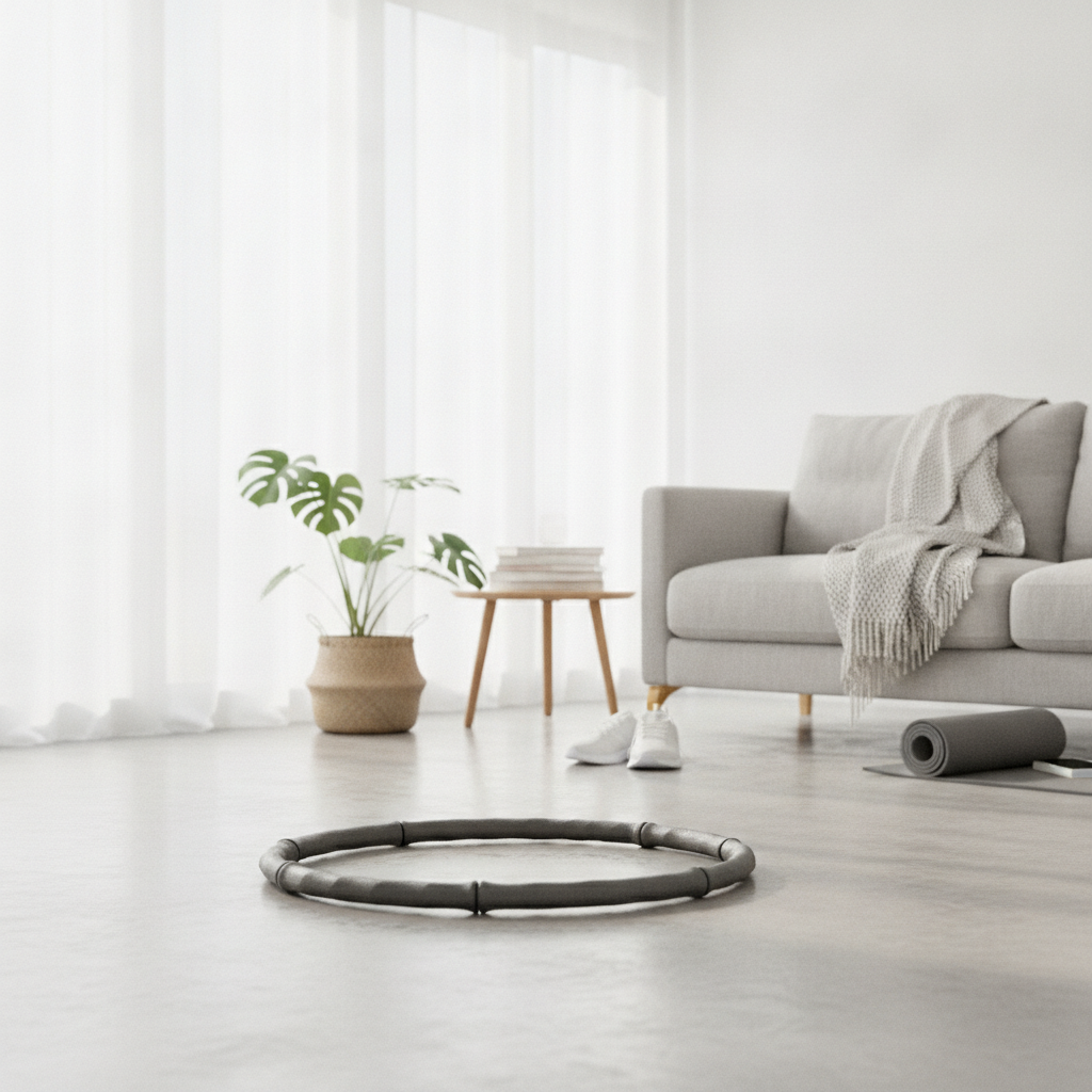 Cerceau de fitness lesté posé au sol dans un salon lumineux, avec baskets et tapis de sport