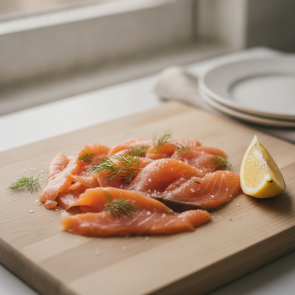 Fines tranches de saumon gravlax mariné à l'aneth et au gros sel, sur une planche en bois avec un quartier de citron