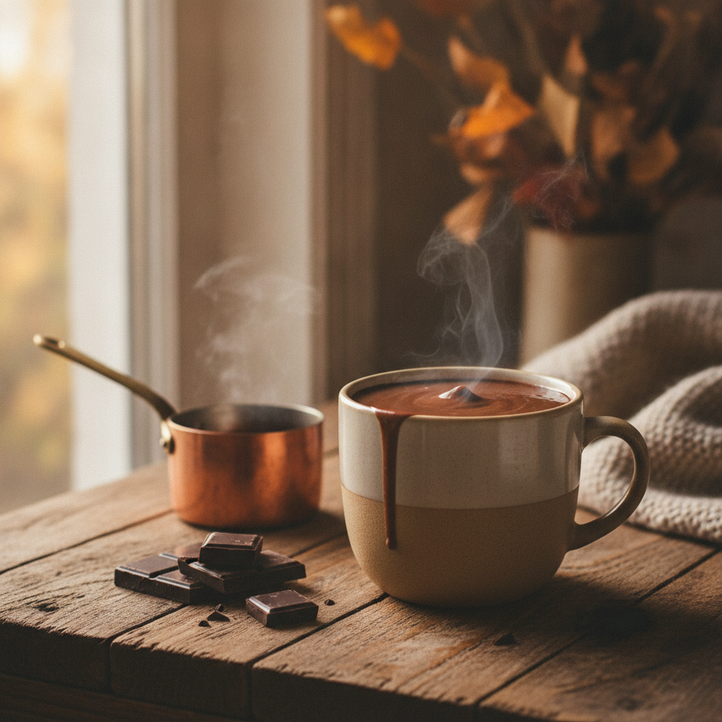 Tasse de chocolat chaud épais et fumant, carrés de chocolat noir et petite casserole en cuivre sur une table en bois