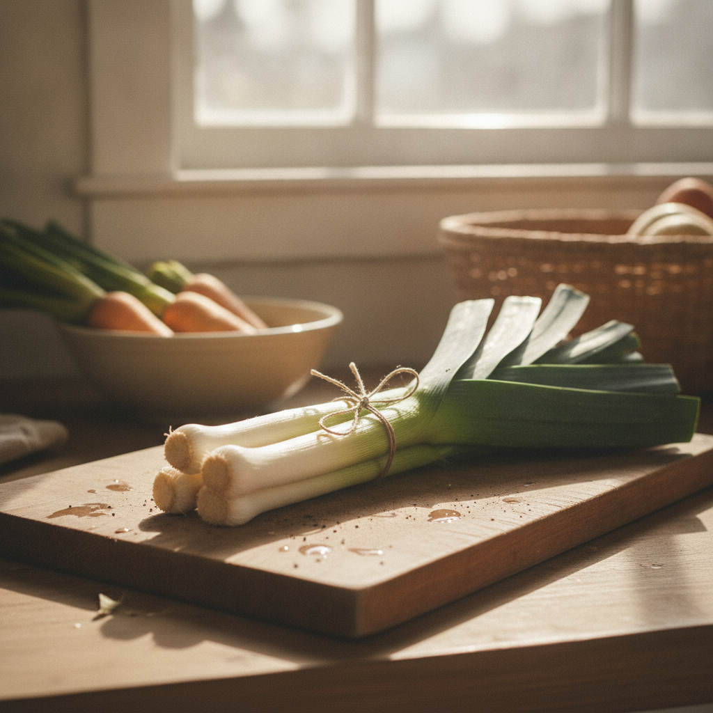 Une botte de poireaux frais posée sur une planche en bois, blancs fermes et verts dressés, dans une cuisine baignée de lumière naturelle