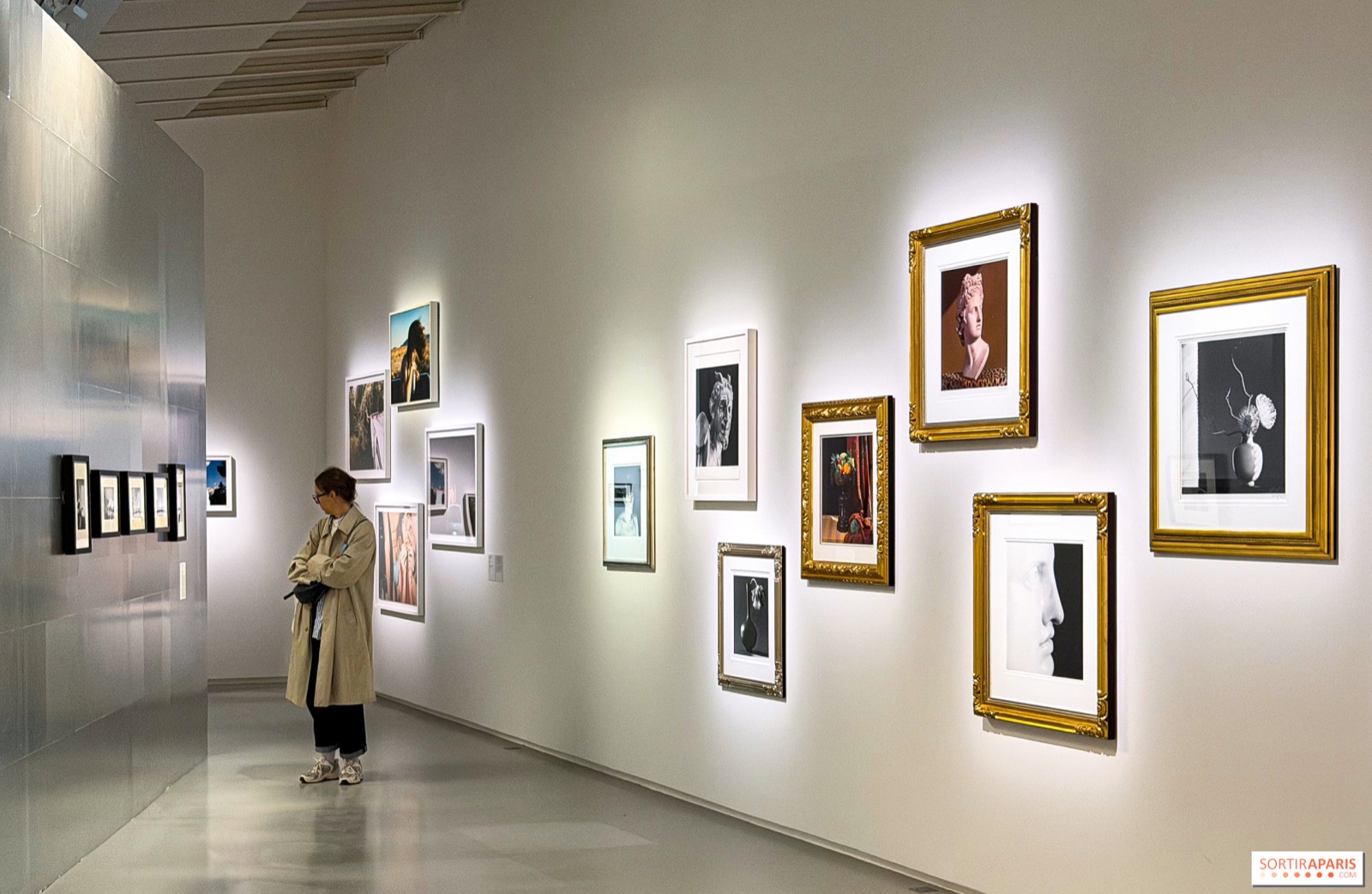 Vue de l'exposition Fragile Beauté au Jeu de Paume : tirages photographiques encadrés accrochés au mur et une visiteuse