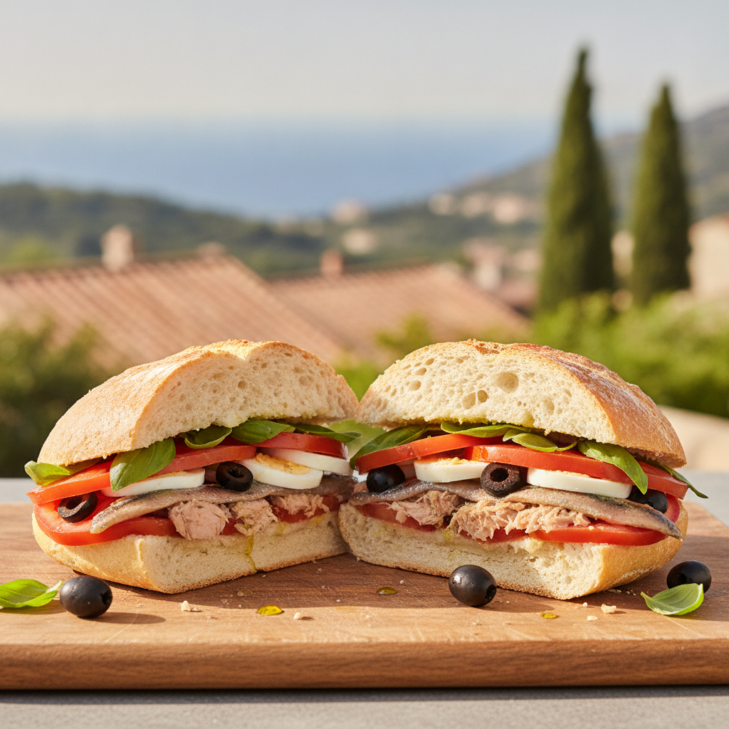 Un pan bagnat niçois coupé en deux sur une planche en bois, garni de tomates, œuf dur, anchois, thon, olives noires et basilic, sur fond méditerranéen