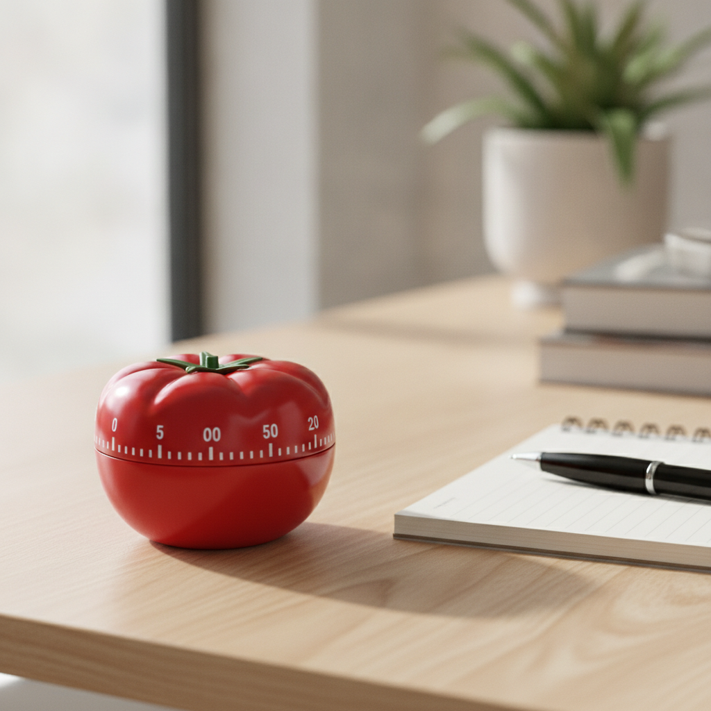 Minuteur de cuisine mecanique en forme de tomate rouge pose sur un bureau en bois clair, a cote d'un carnet et d'un stylo