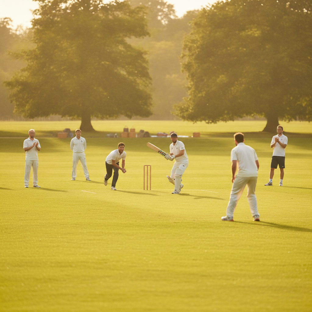 Partie de cricket sur une pelouse au soleil couchant, un batteur prêt à frapper devant les guichets