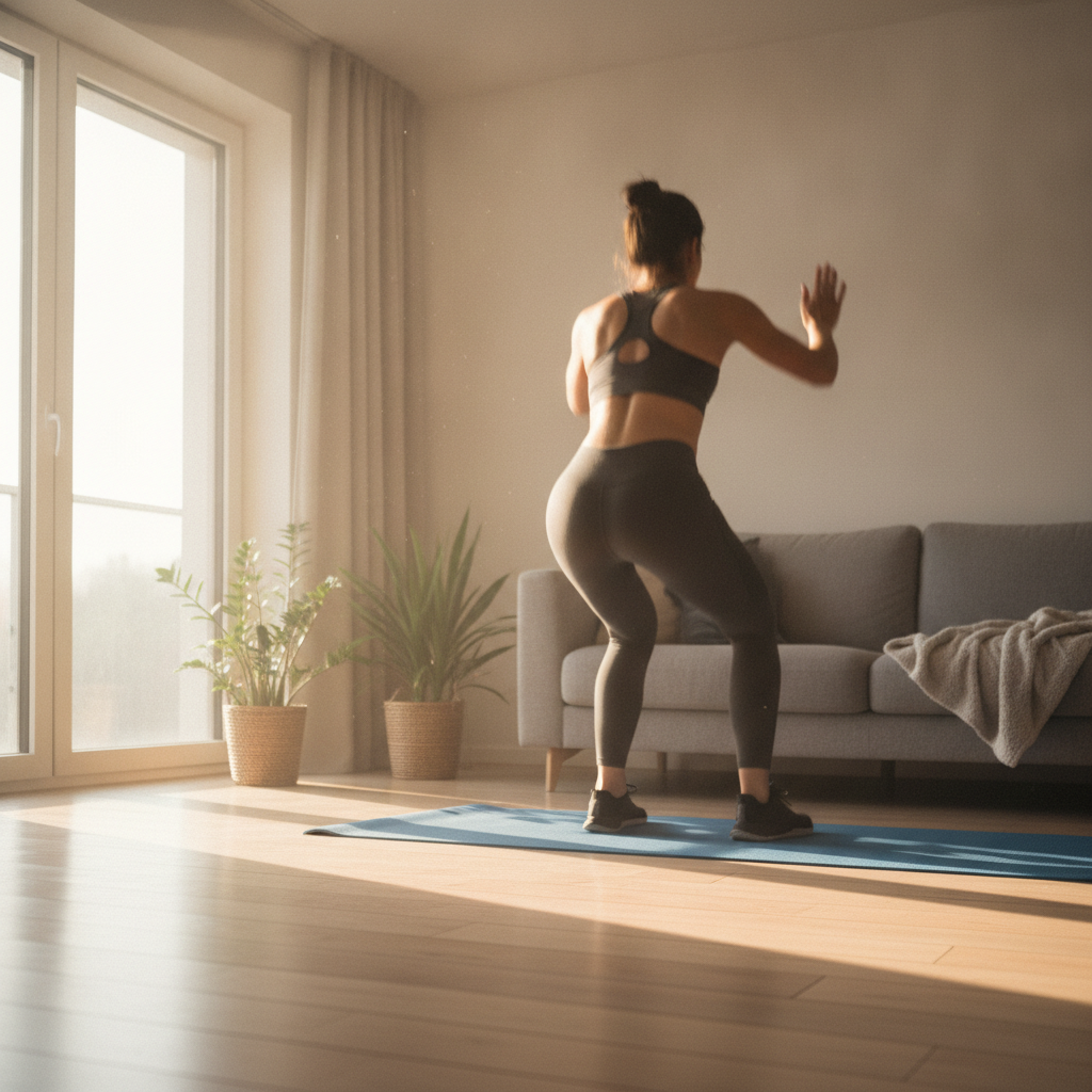 Une personne en tenue de sport enchaîne un exercice de HIIT sur un tapis, dans un salon lumineux