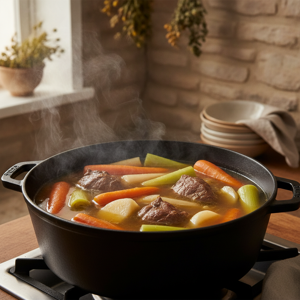 Pot-au-feu mijotant dans une marmite en fonte avec bœuf, carottes, poireaux et navets