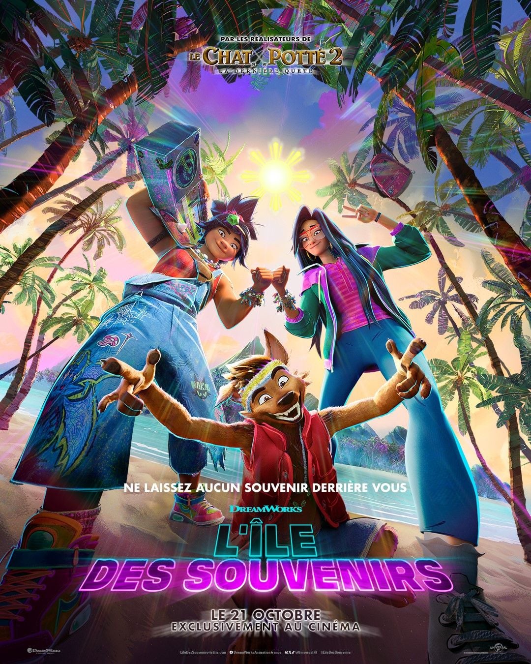 Affiche officielle du film d'animation DreamWorks L'île des souvenirs, avec les deux amies Jo et Raissa sur une plage tropicale
