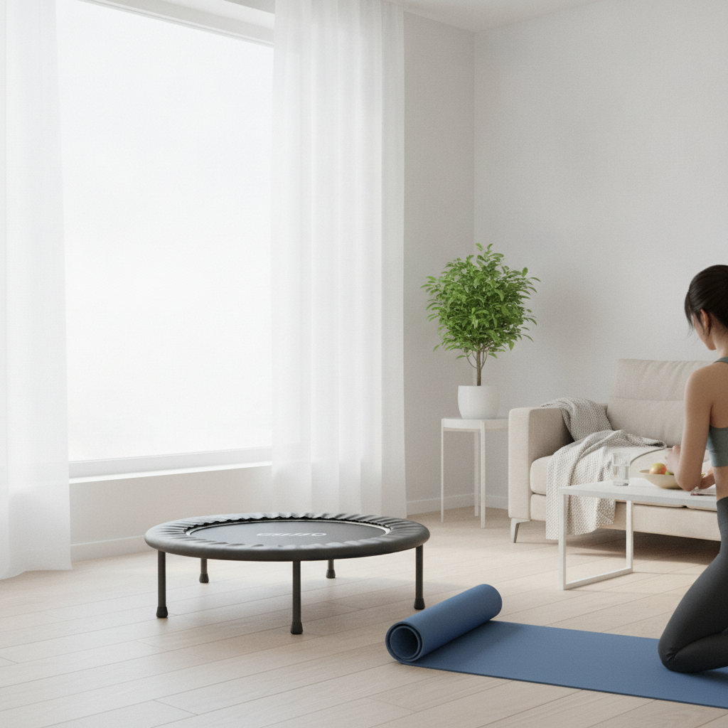 Un mini trampoline de fitness rond posé dans un salon clair, à côté d'un tapis de sport