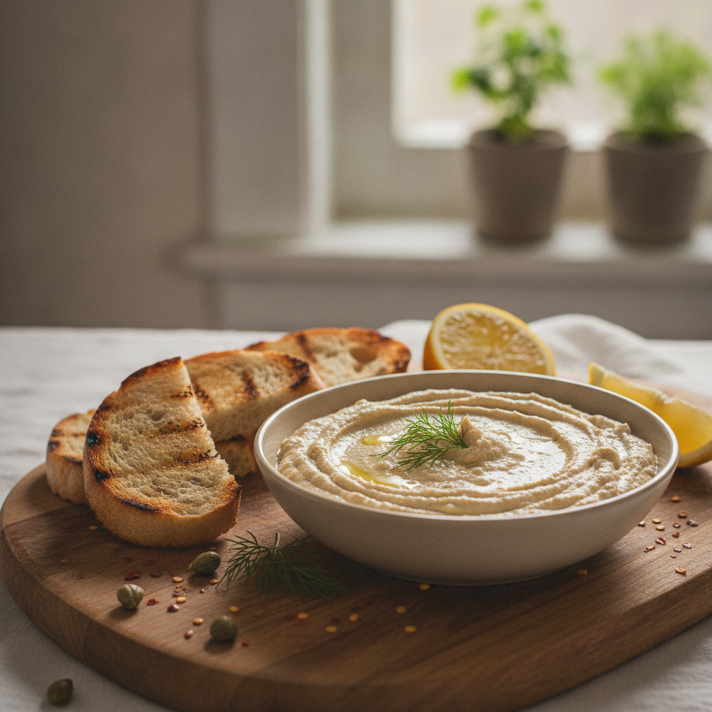 Bol de tarama maison beige creme avec du pain grille et un citron sur une planche en bois