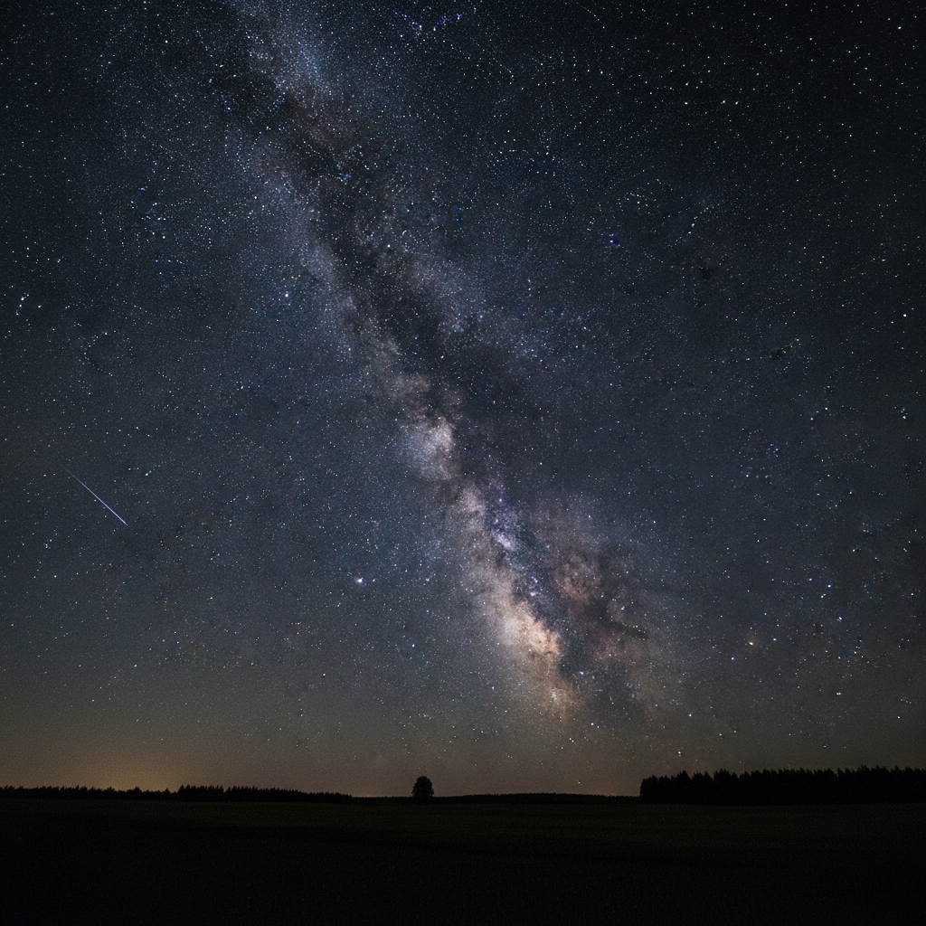 Ciel étoilé d'été avec la Voie lactée et une étoile filante au-dessus d'une campagne sombre