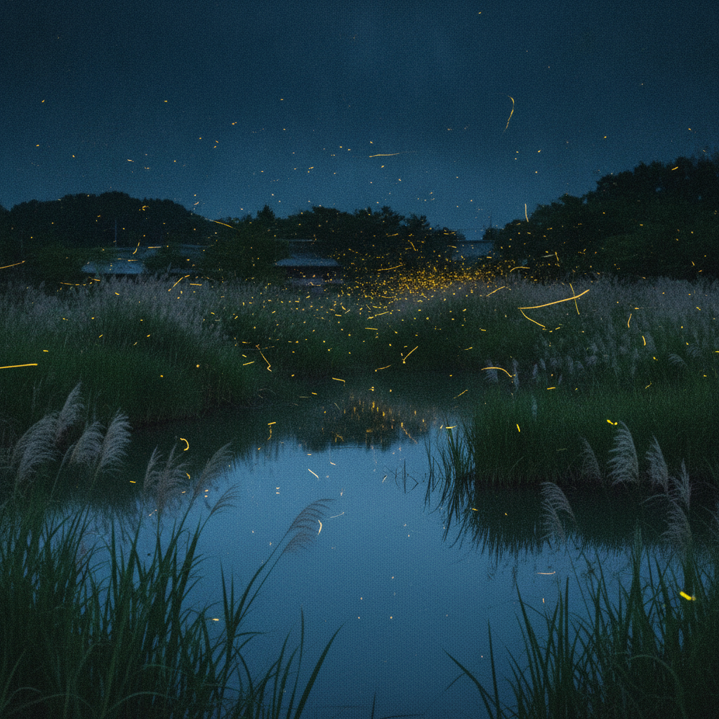 Lucioles dorées scintillant la nuit au-dessus d'un étang, ambiance été japonais