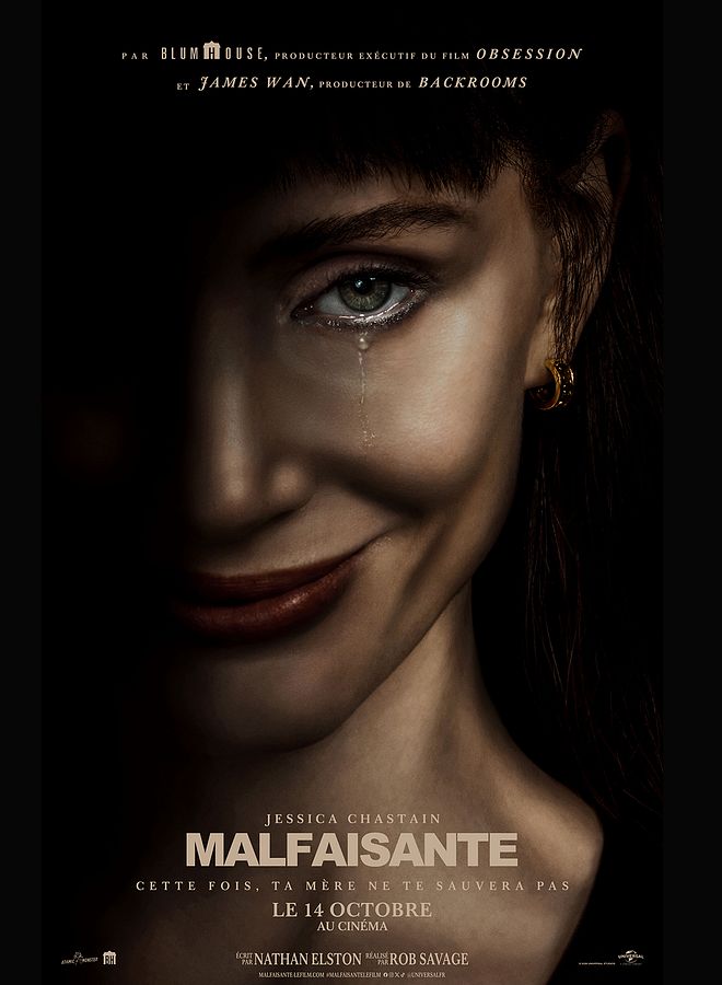 Affiche officielle du film Malfaisante avec Jessica Chastain en gros plan, une larme sur la joue