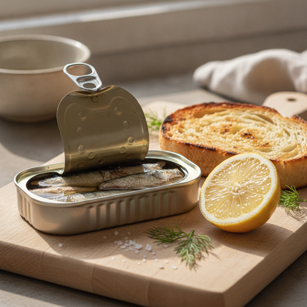 Boîte de conserve de sardines ouverte sur une planche en bois, avec une tartine de pain grillé et un demi-citron