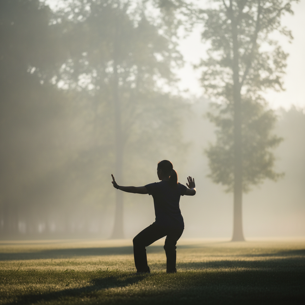 Silhouette d'une personne pratiquant le tai-chi dans un parc brumeux au petit matin