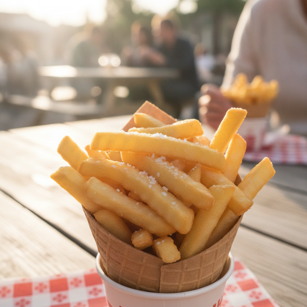 Cornet de frites dorees et croustillantes servies sur une table en bois
