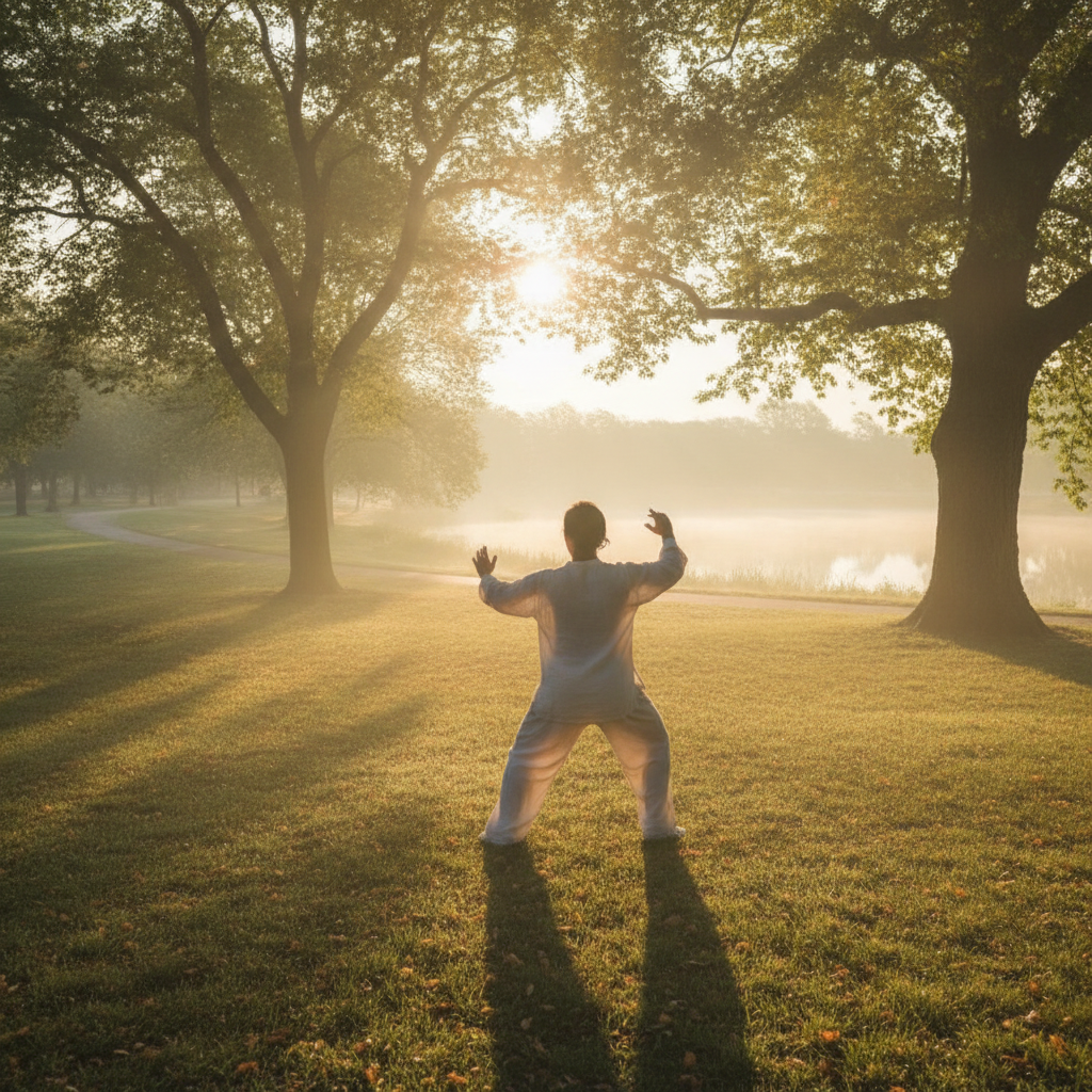 Une personne de dos pratique le tai-chi dans un parc au lever du soleil