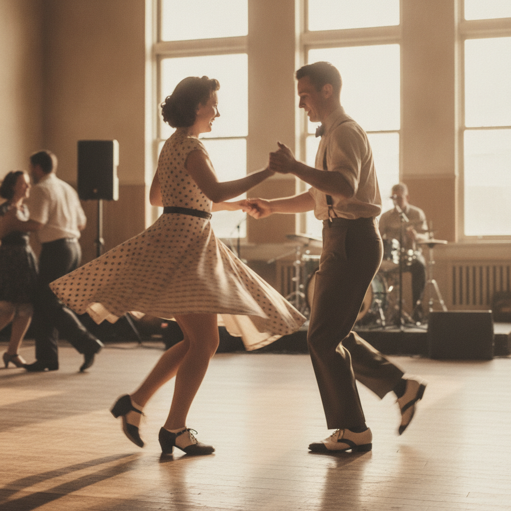 Un couple danse le lindy hop sur une piste, ambiance swing vintage