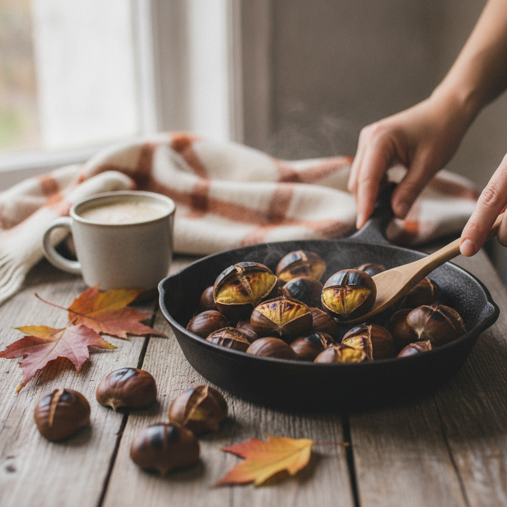 Châtaignes grillées et fendues dans une poêle en fonte, sur une table en bois avec des feuilles d'automne