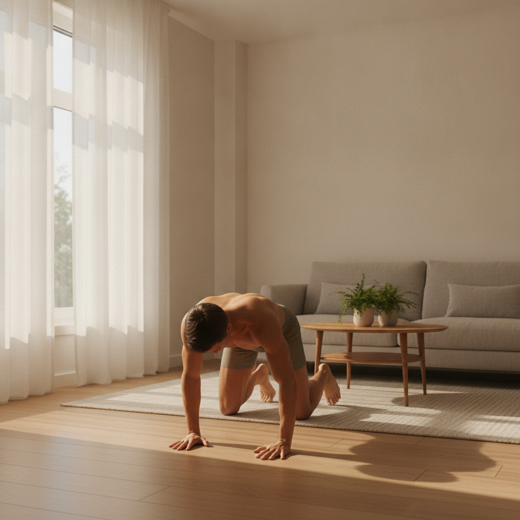 Personne au sol dans un salon lumineux en posture de gainage inspiree de l'Animal Flow