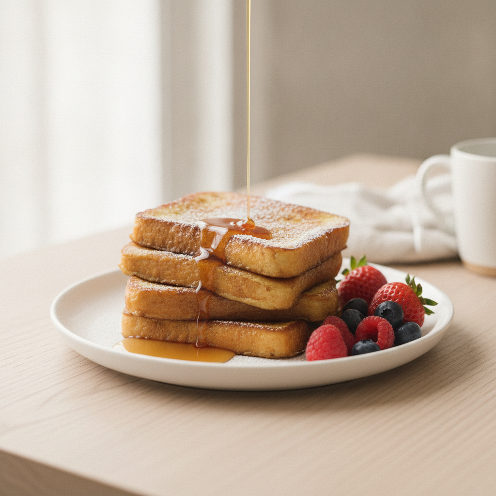 Tranches de pain perdu doré saupoudrées de sucre glace, avec un filet de sirop et des fruits rouges