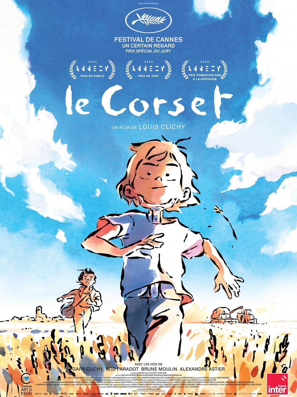 Affiche du film d'animation Le Corset de Louis Clichy : un garçon court dans un champ de blé de la Beauce sous un grand ciel bleu