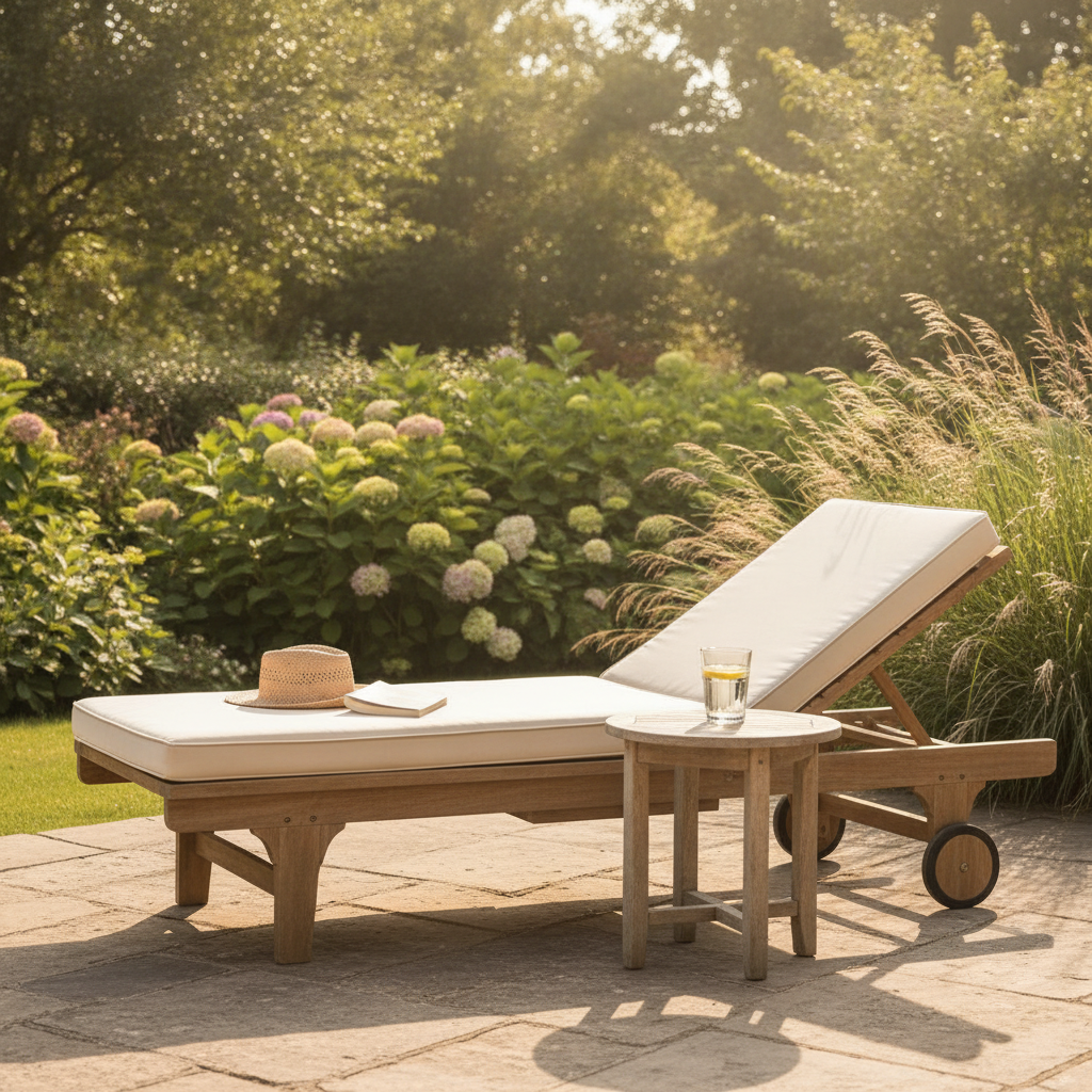 Chaise longue en bois vide sur une terrasse ensoleillée près d'un jardin d'été