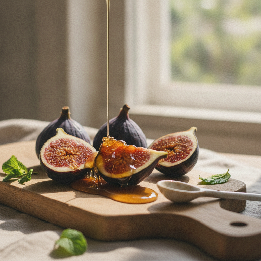 Figues fraîches violettes coupées en quatre sur une planche en bois, chair rouge, filet de miel