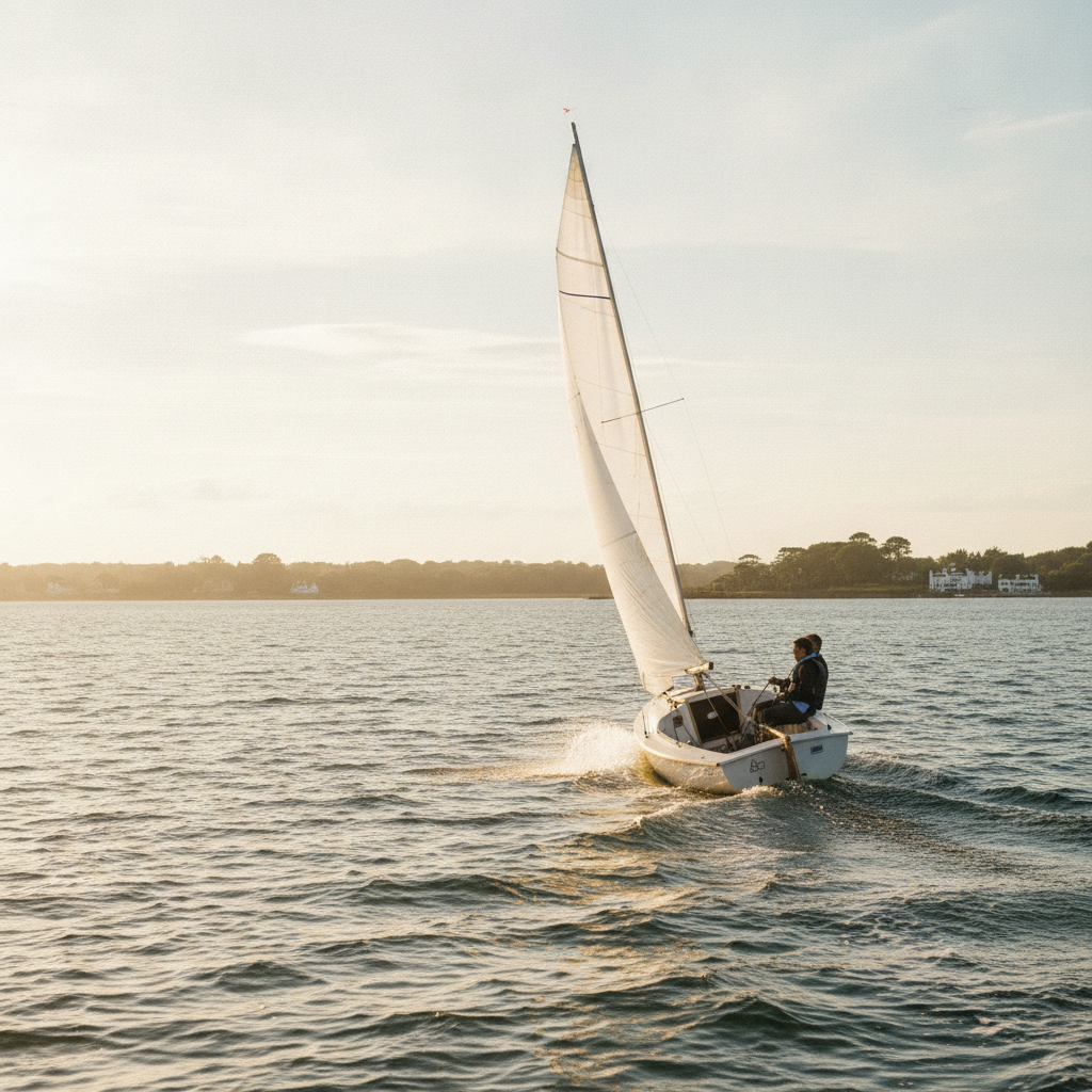 Un petit dériveur toutes voiles dehors glisse sur un plan d'eau ensoleillé en fin d'après-midi