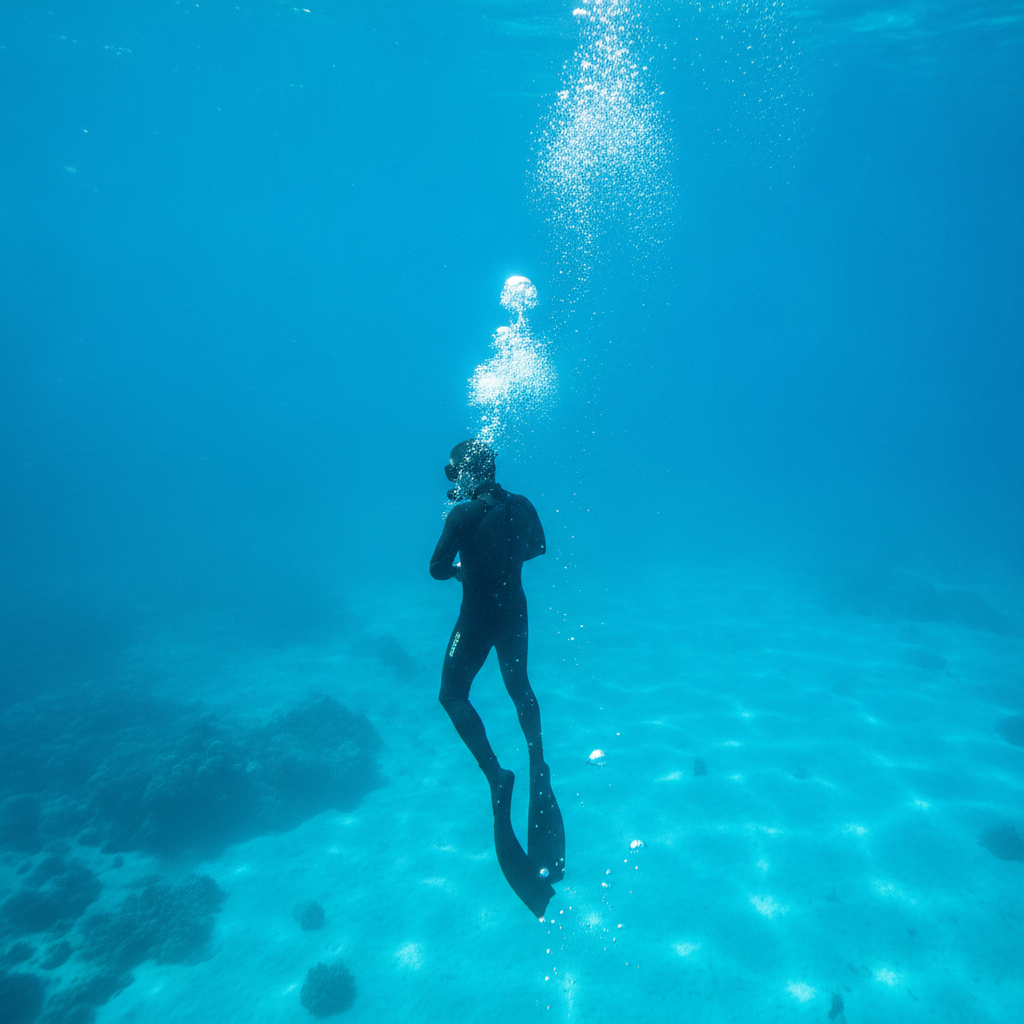 Apnéiste en combinaison qui descend calmement dans une eau bleue turquoise, rayons de soleil et bulles depuis la surface