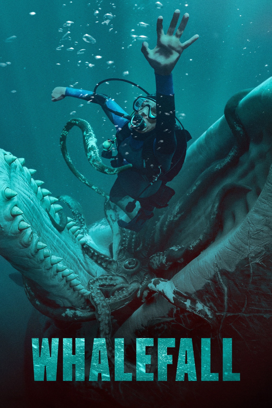Affiche officielle du film Englouti (Whalefall) : un plongeur happe par un cachalot dans les profondeurs
