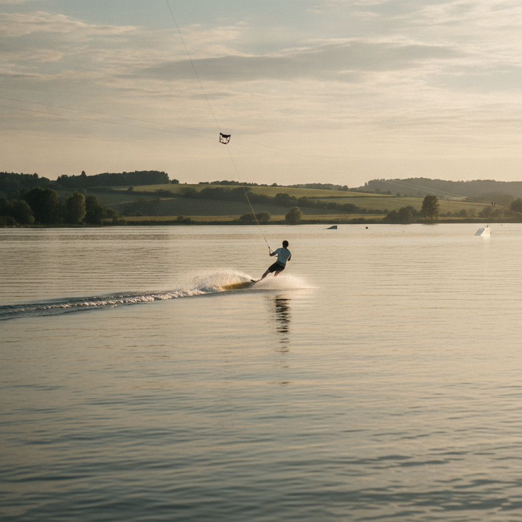Un wakeboarder glisse sur un plan d'eau derriere un cable de teleski nautique au coucher du soleil