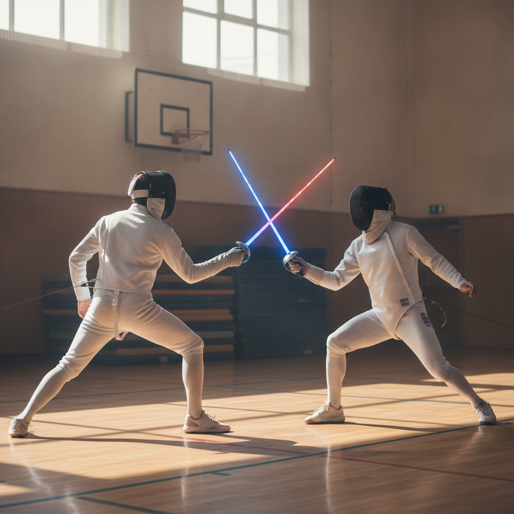 Deux escrimeurs en tenue et masque croisent des sabres laser a lame LED bleue et rouge dans un gymnase