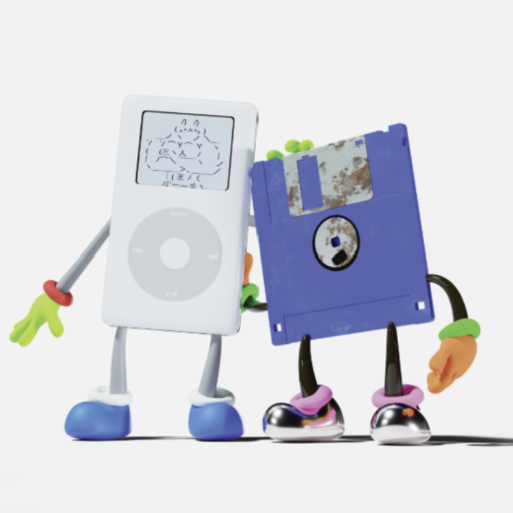 Pochette de No Bad Memories des Avalanches : un iPod et une disquette violette anthropomorphes