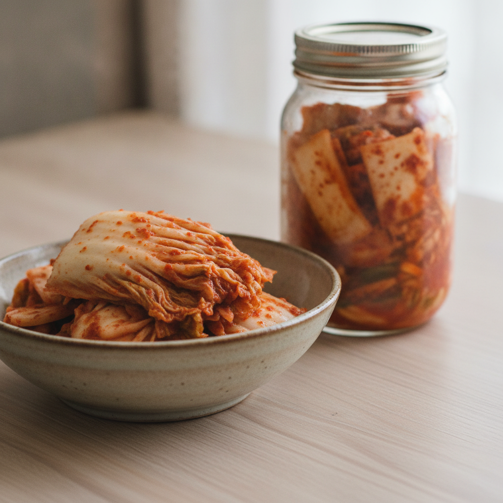 Kimchi de chou napa dans un bol en céramique et un bocal en verre sur une table en bois