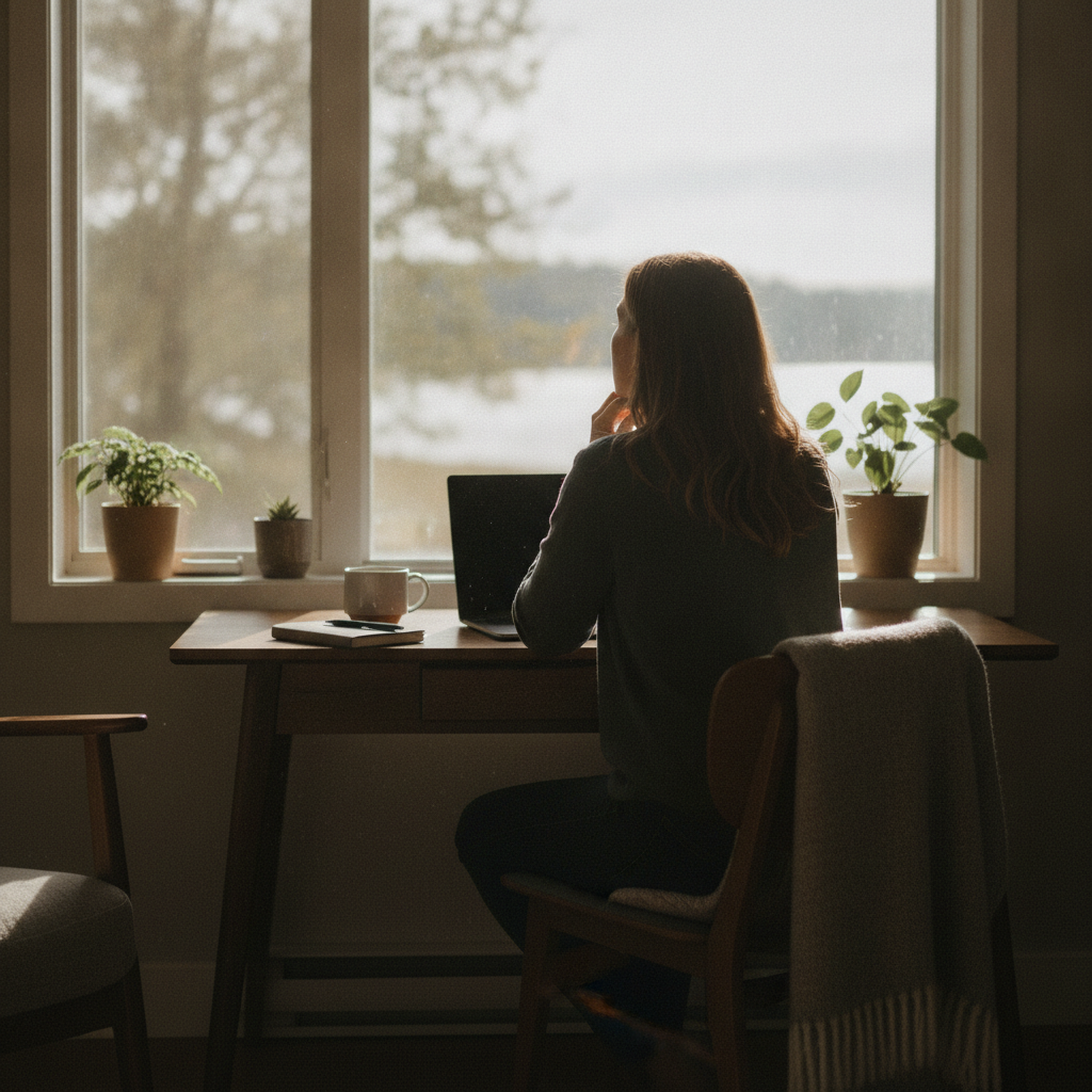 Une personne vue de dos, pensive devant son ordinateur portable pres d'une fenetre