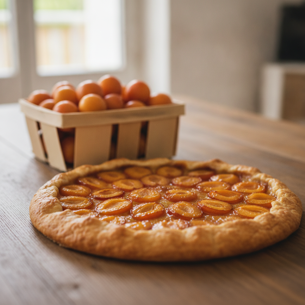 Tarte aux mirabelles dorees maison sur une table en bois, avec une cagette de mirabelles fraiches