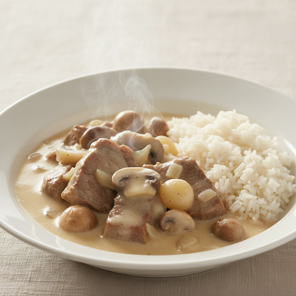 Assiette de blanquette de veau à l'ancienne, sauce blanche crémeuse, champignons et petits oignons, servie avec du riz