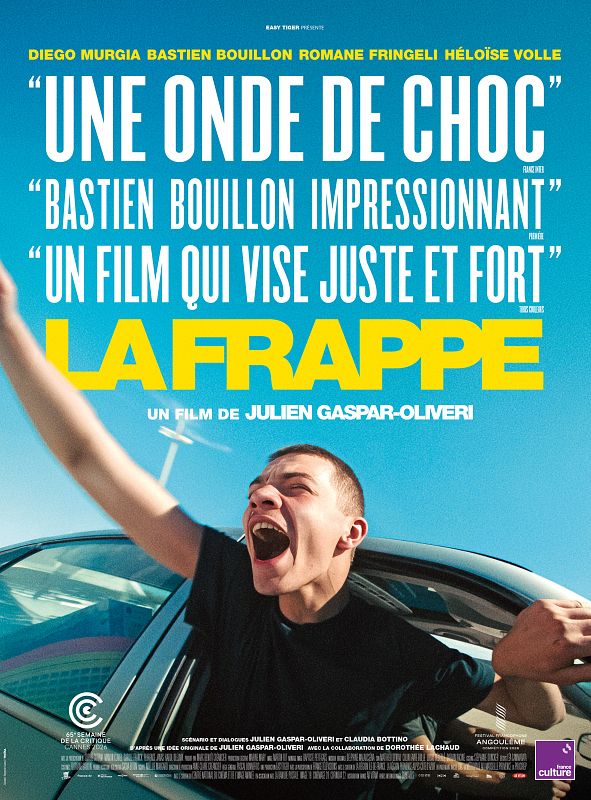 Affiche du film La Frappe de Julien Gaspar-Oliveri, un jeune homme criant à la fenêtre d'une voiture