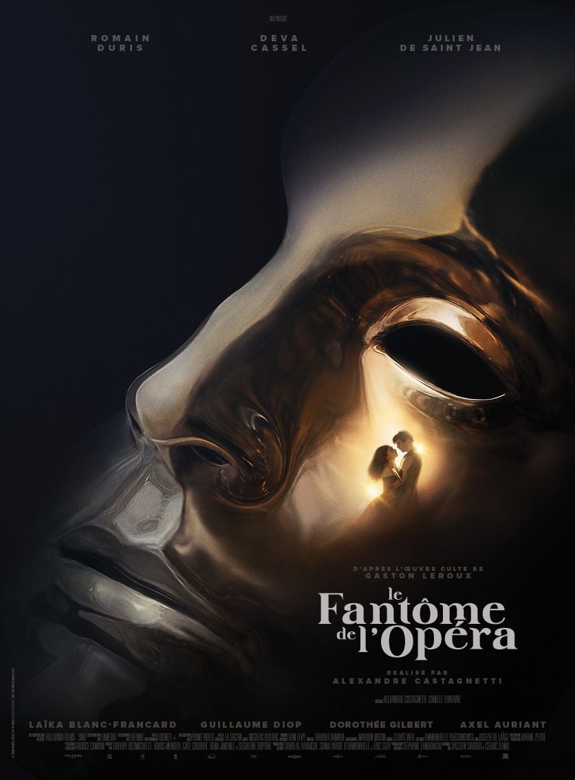 Affiche officielle du film Le Fantome de l'Opera (2026) d'Alexandre Castagnetti : un masque dore et un couple enlace