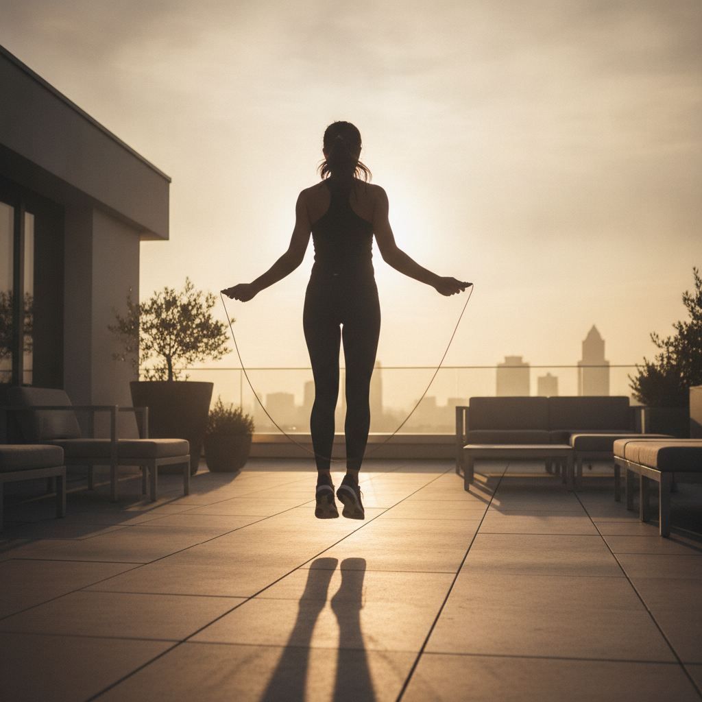 Silhouette d'une personne sautant à la corde sur une terrasse au lever du jour