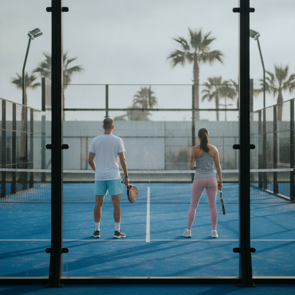 Deux joueurs sur un court de padel bleu en extérieur, raquettes en main, vus derrière la vitre