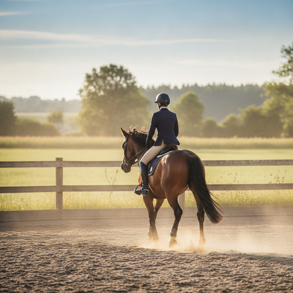 Un cavalier de dos au trot sur un cheval bai dans un manège en plein air, lumière dorée du matin