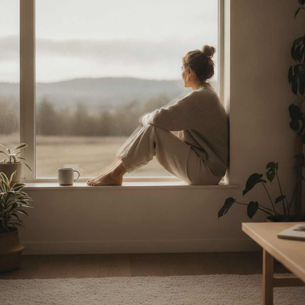 Une personne assise pres d'une grande fenetre, le regard perdu vers le paysage dans une lumiere douce du matin