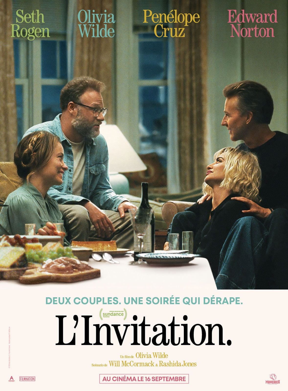 Affiche du film L'Invitation d'Olivia Wilde : Seth Rogen, Olivia Wilde, Penélope Cruz et Edward Norton attablés pour un dîner