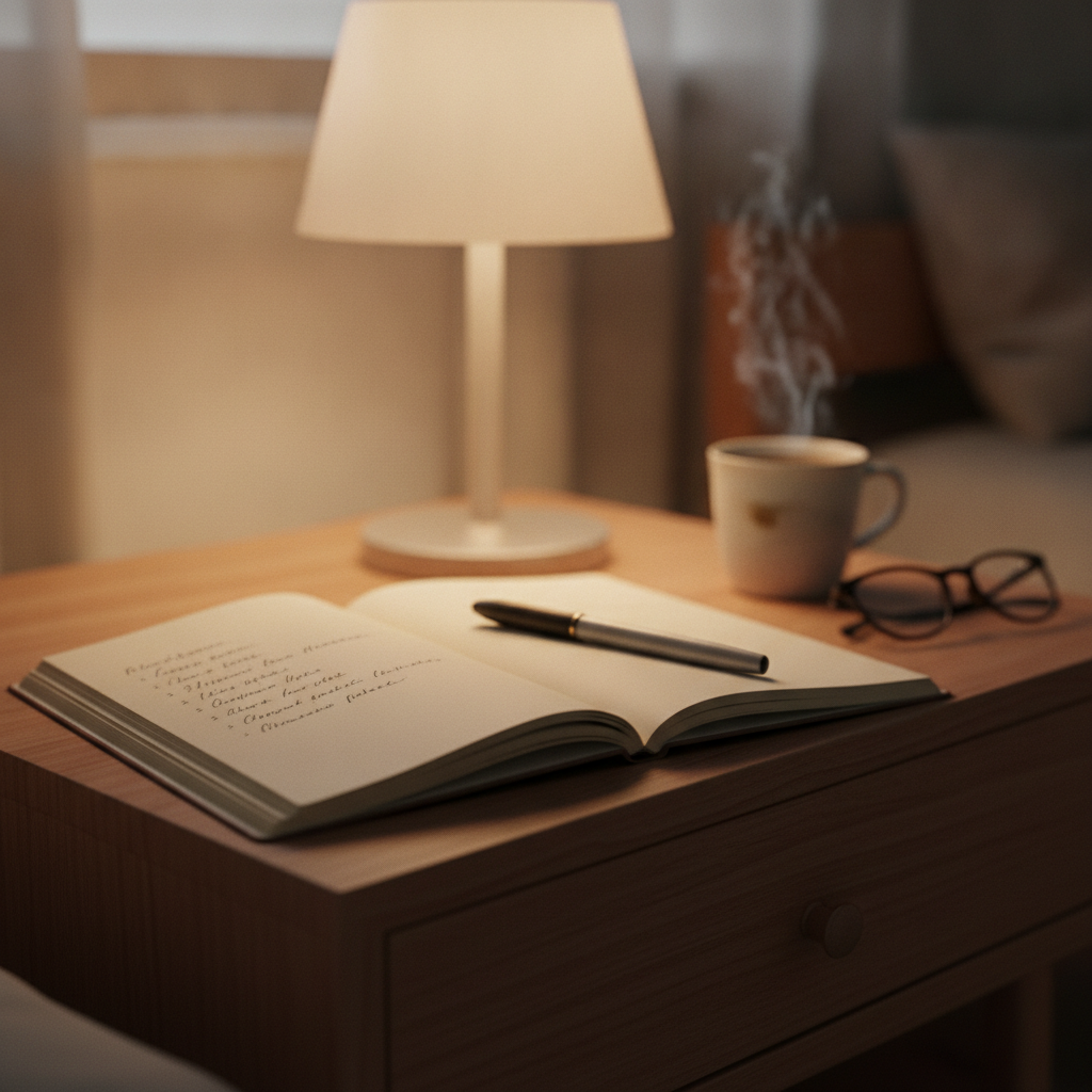 Un carnet ouvert avec une liste manuscrite et un stylo, sur une table de chevet le soir, lampe allumee