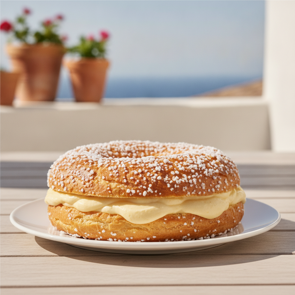 Une tarte tropézienne dorée saupoudrée de sucre perlé et fourrée de crème, sur une terrasse méditerranéenne