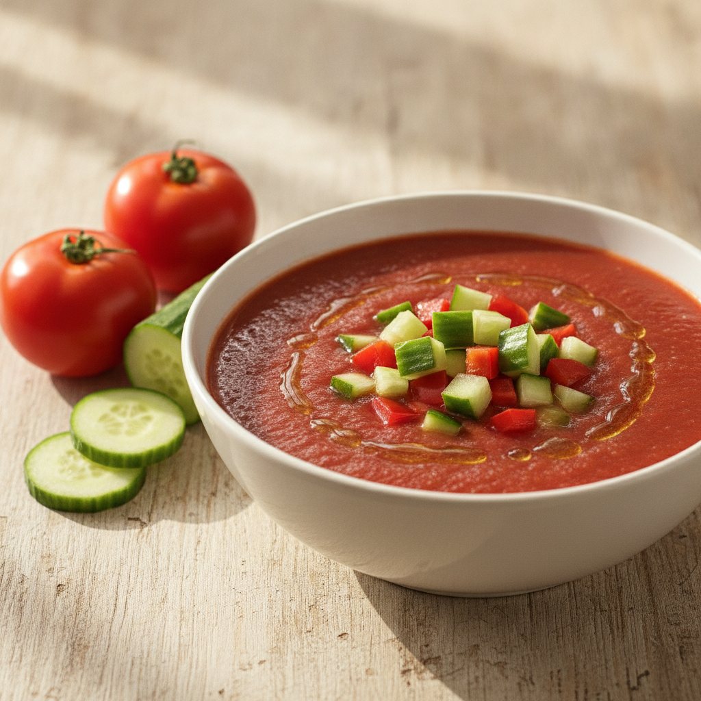 Bol de gaspacho andalou rouge garni de des de concombre et poivron, avec tomates et concombre frais
