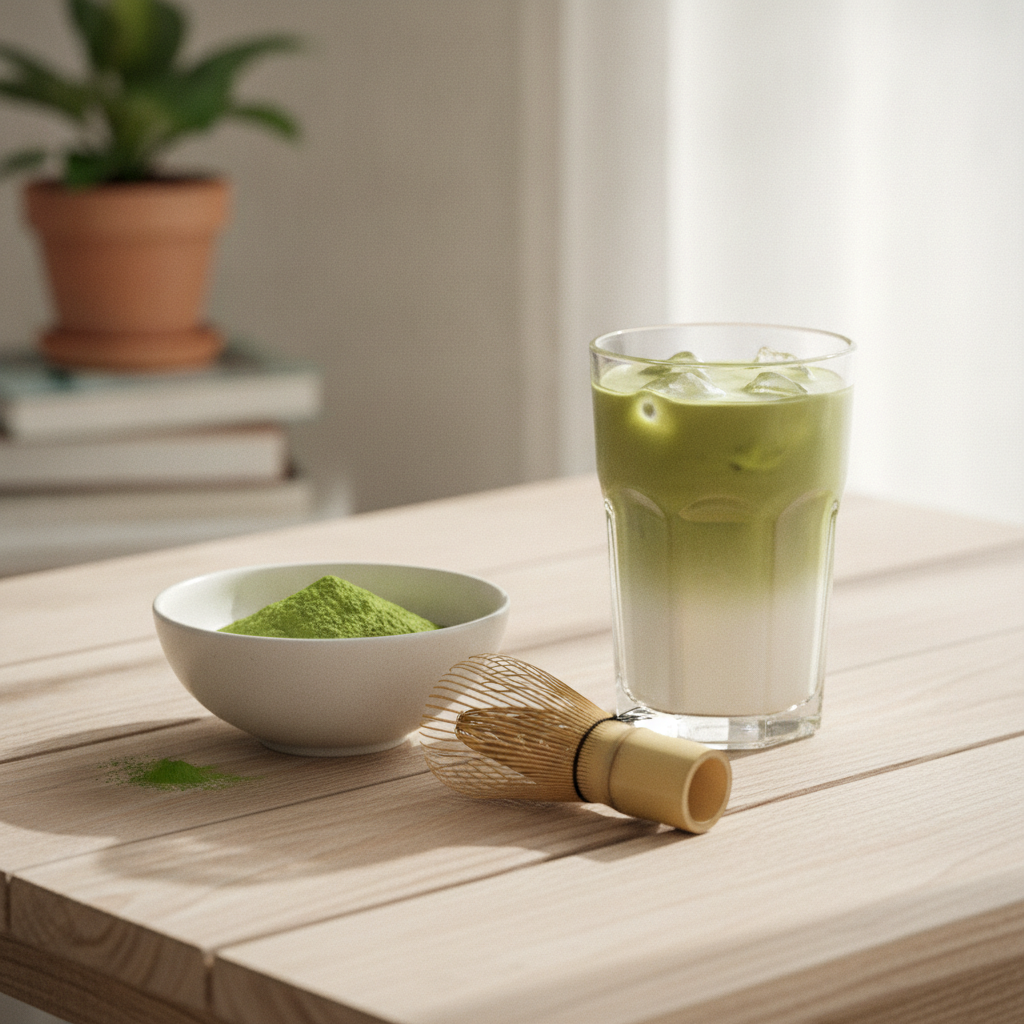 Bol de matcha en poudre vert jade, fouet en bambou chasen et verre de latte glacé au matcha sur une table en bois clair