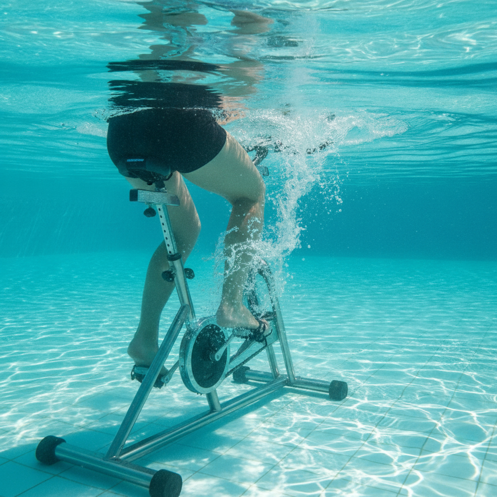Personne pedalant sur un velo d'aquabike immerge dans une piscine, remous autour des jambes