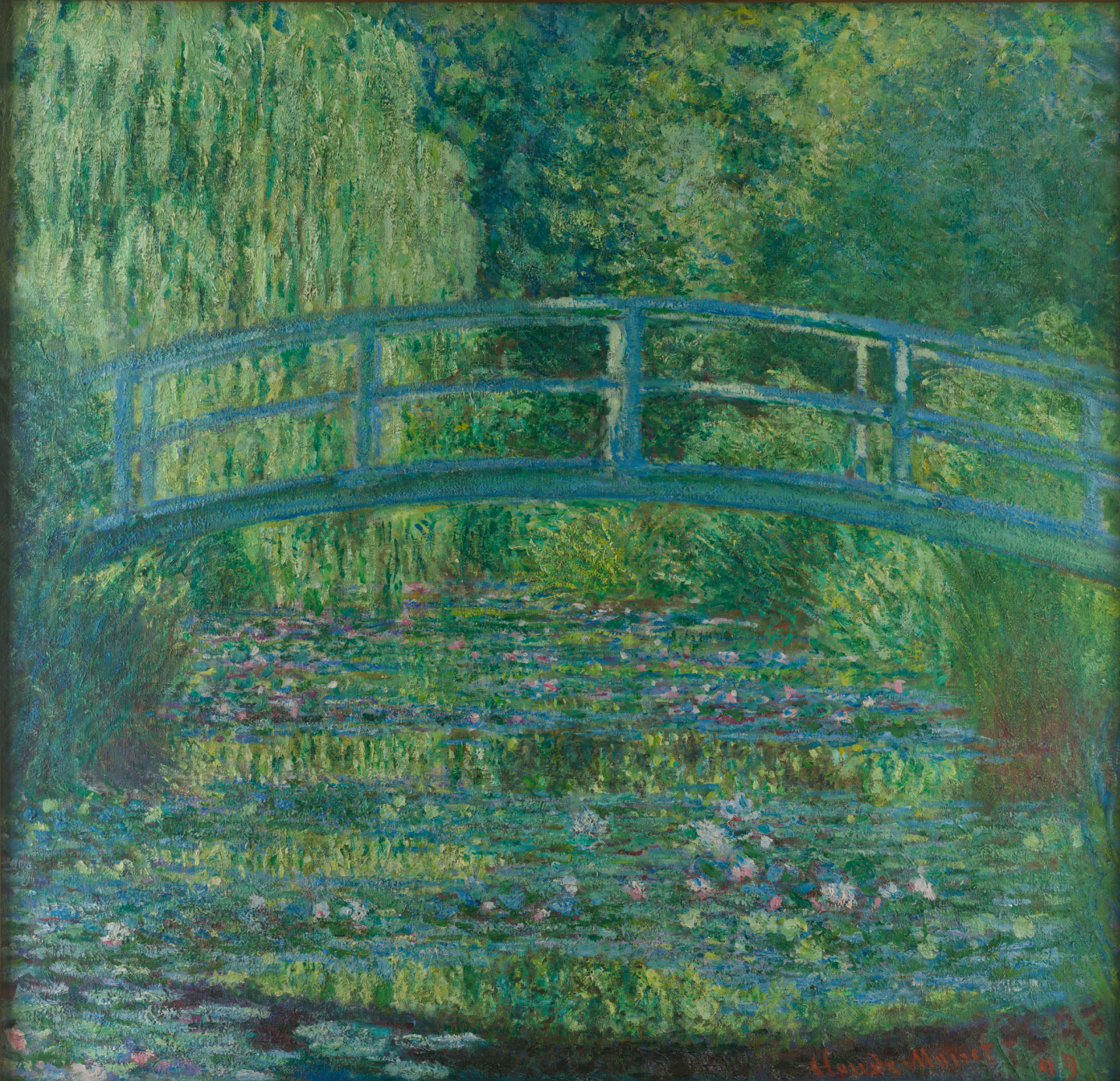 Toile de Claude Monet, Le Bassin aux nympheas (harmonie verte, 1899), pont japonais au-dessus de l'etang, visuel de l'exposition Monet, peindre le temps au musee de l'Orangerie
